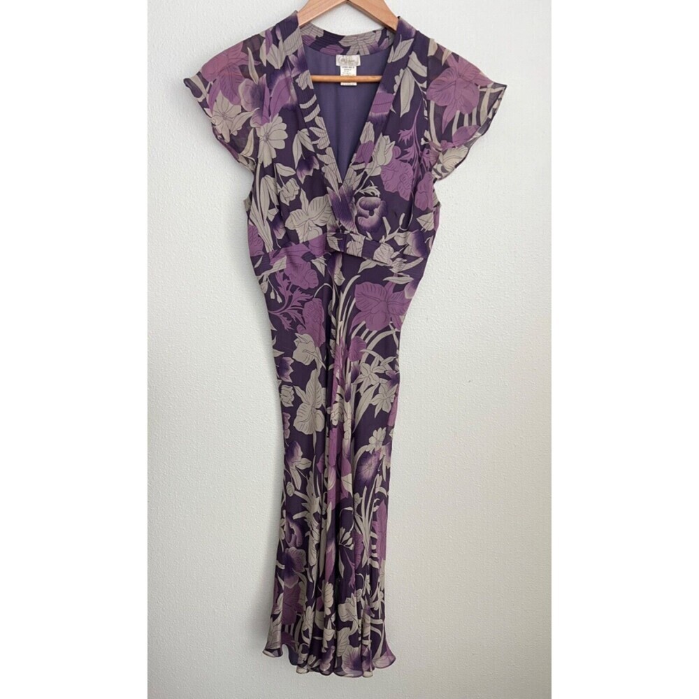 Collette Dinnigan Floral Maxi Dress 100% Silk Purple Flutter Sleeves Vintage